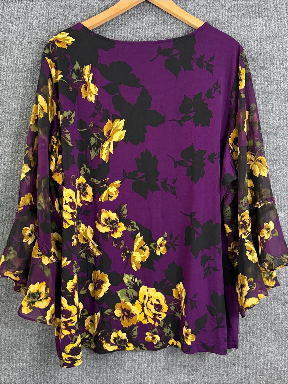 Susan Graver Womens 3X Liquid Knit Floral Top Purple Yellow Bell Sleeve Office - Picture 2 of 7